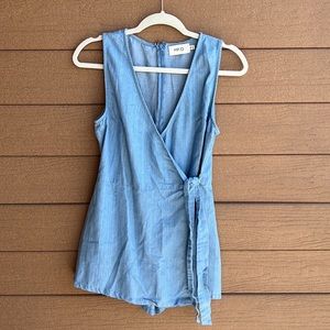 Chambray Faux Wrap Romper | S